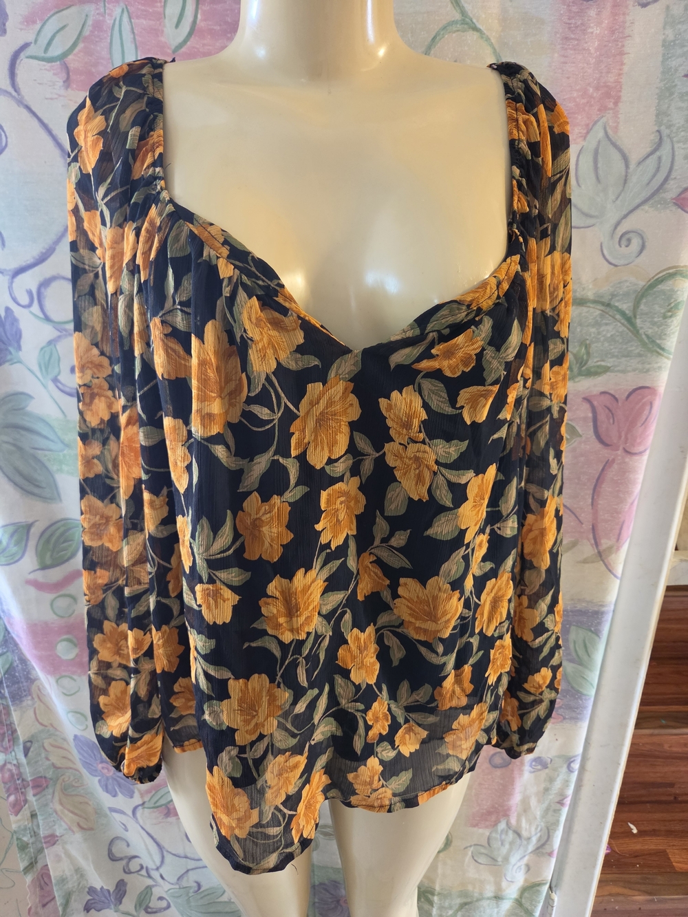 Women's Black Floral Peasant Blouse with Golden Yellow Flowers